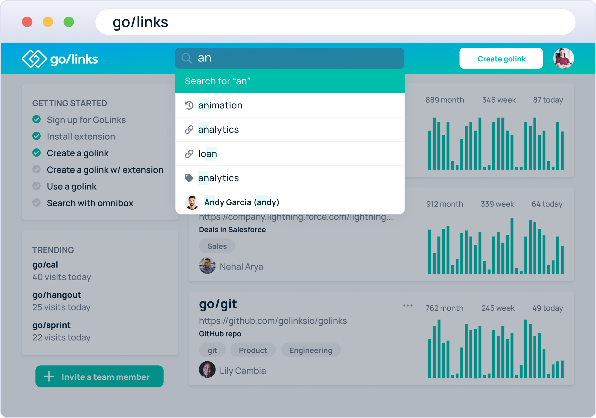 GoLink dashboard showing users how to edit a go link