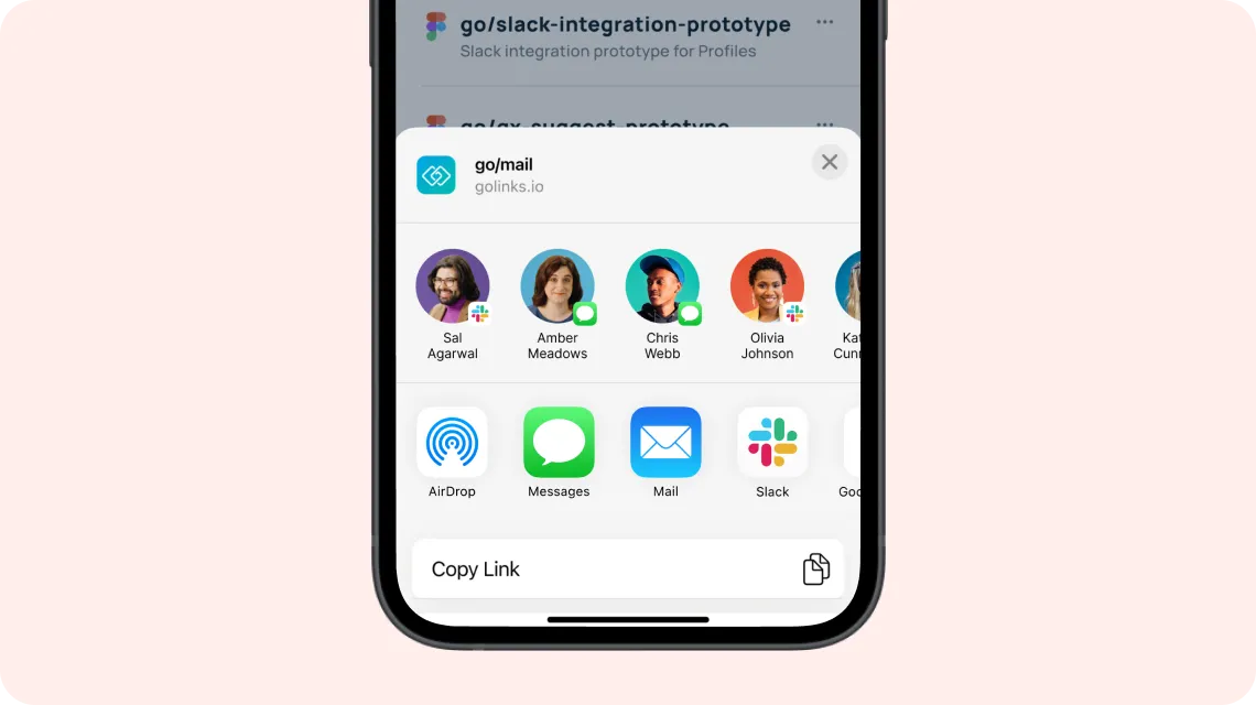 Sharing go links across Slack and email on the mobile app